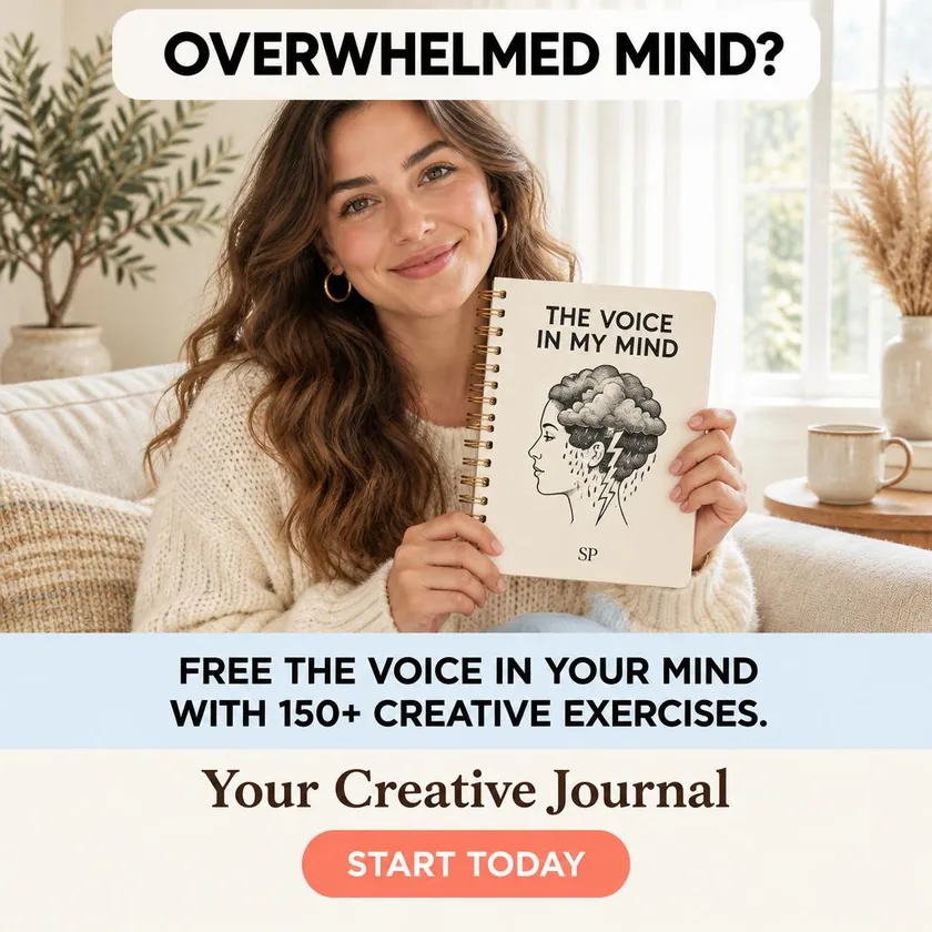 Reader holding the journal titled The Voice in My Mind, with the message Overwhelmed mind? Free the voice in your mind with 150+ creative exercises