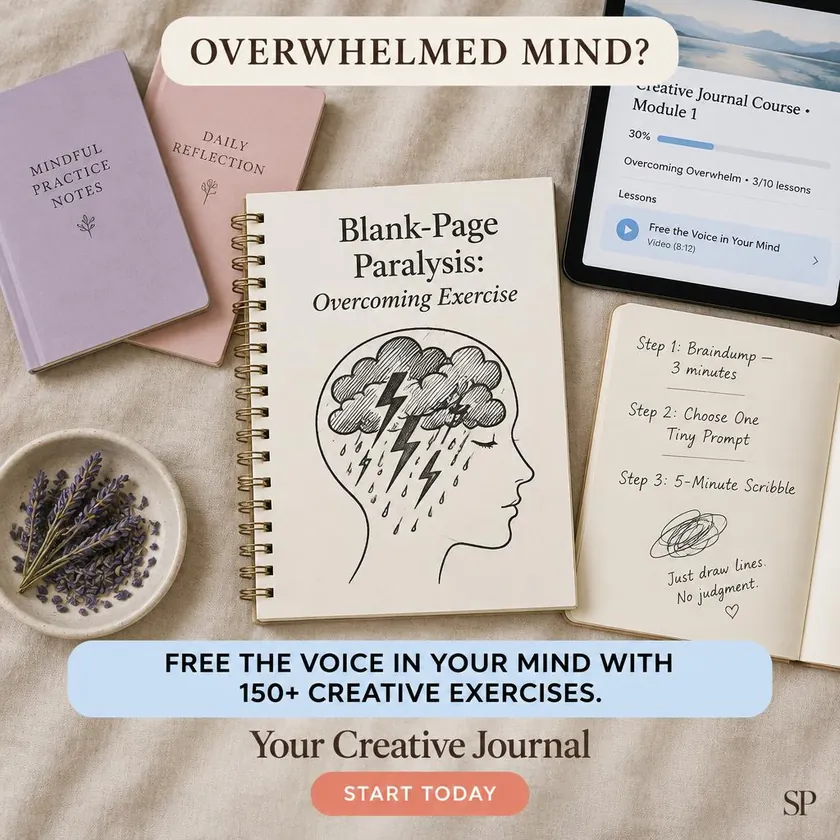 Journal exercise page titled Blank-Page Paralysis with a drawing of storm clouds inside a head, next to pastel notebooks and a tablet course