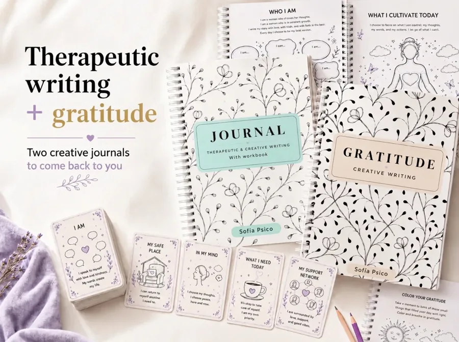 Therapeutic writing and gratitude journals with prompt cards