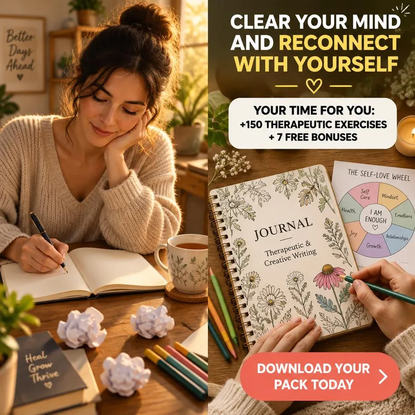Woman writing in her journal at a warm desk, with the message Clear your mind and reconnect with yourself: 150+ therapeutic exercises and 7 free bonuses